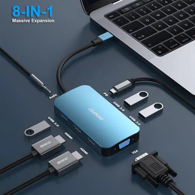 Alt view image 2 of 7 - BENFEI USB C Docking Station, 8-in-1 USB C Hub with Triple Display Dual HDMI, VGA, 3*USB 3.0, 100W Power Delivery, 3.5mm AUX Audio Compatible with MacBook Pro, XPS and More