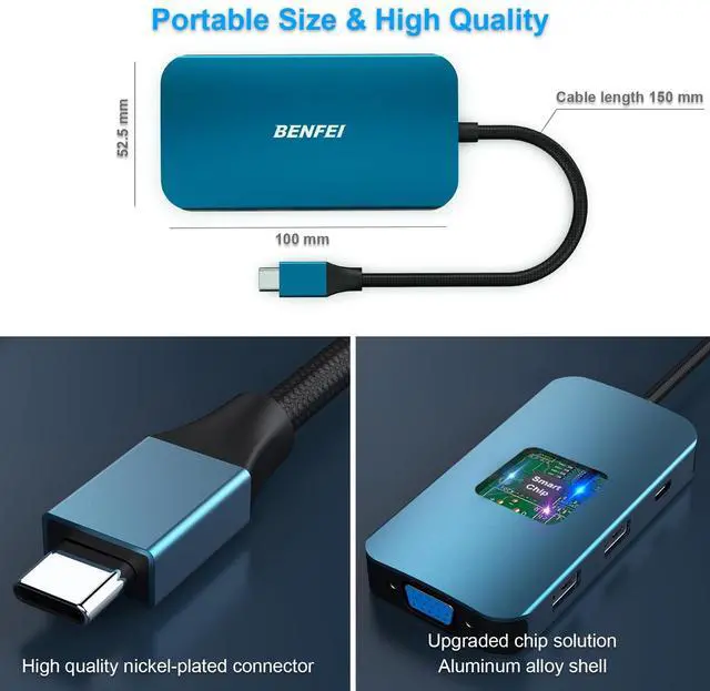Alt view image 6 of 7 - BENFEI USB C Docking Station, 8-in-1 USB C Hub with Triple Display Dual HDMI, VGA, 3*USB 3.0, 100W Power Delivery, 3.5mm AUX Audio Compatible with MacBook Pro, XPS and More