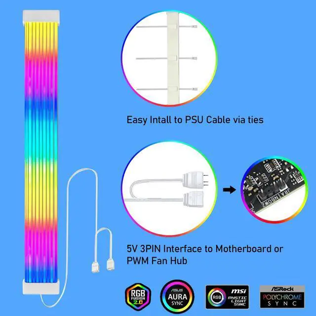 Alt view image 2 of 7 - PC RGB Light Strip for PSU Cables, CL300 5V 3Pin ARGB Sync, Suit for 6Pin 8Pin 12Pin 16Pin 24Pin PSU RGB Cable Extensions, Colorful for PC Case