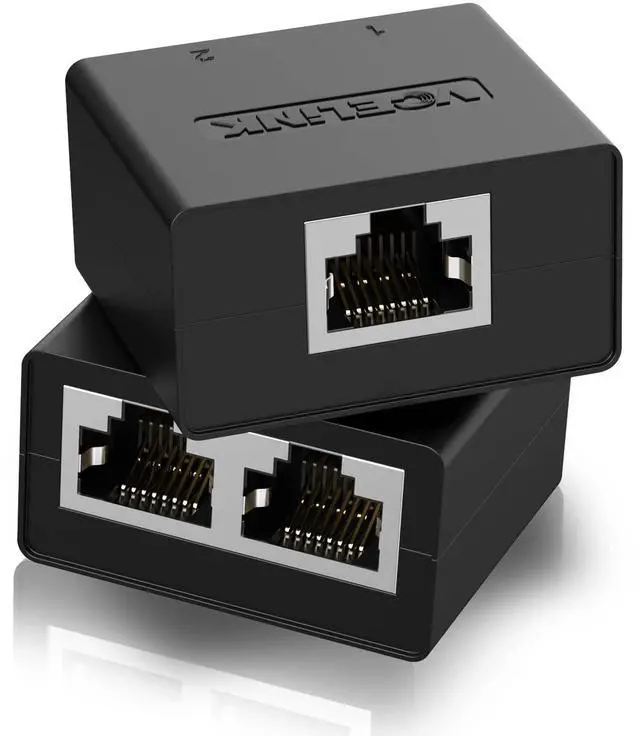 Main image of VCELINK Ethernet Splitter 1 to 2, 2-Pack RJ45 Splitter for Cat5/ Cat5e/ Cat6 LAN Cable, Internet Splitter Female to Female in Black (Please USE Them in Pairs)