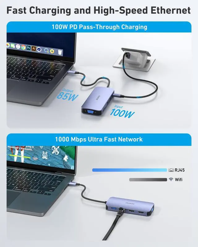 Alt view image 3 of 6 - BENFEI 11-in-1 USB C Hub Triple Display Docking Station Dual HDMI, VGA, 3*USB 3.0, 1Gbps Ethernet, 100W Power Delivery, SD/TF Card Reader, 3.5mm AUX Audio Compatible with MacBook XPS Surface