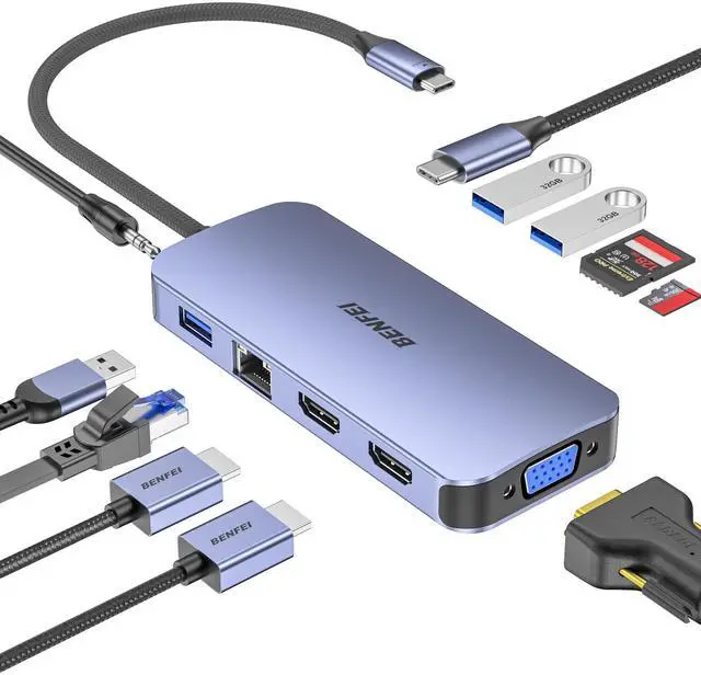 Main image of BENFEI 11-in-1 USB C Hub Triple Display Docking Station Dual HDMI, VGA, 3*USB 3.0, 1Gbps Ethernet, 100W Power Delivery, SD/TF Card Reader, 3.5mm AUX Audio Compatible with MacBook XPS Surface