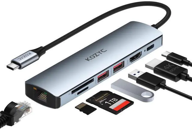 Main image of USB C Hub Ethernet Multiport Adapter, KOZYC 7-in-1 USB C Hub with HDMI 4K@60Hz, 1Gbps Ethernet, 100W PD, 2 USB 3.2 Gen2 10Gbps Data, SD/TF Card Slots Port, Compatible with MacBook Air/Pro, XPS13/15