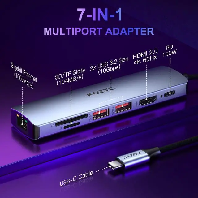 Alt view image 2 of 7 - USB C Hub Ethernet Multiport Adapter, KOZYC 7-in-1 USB C Hub with HDMI 4K@60Hz, 1Gbps Ethernet, 100W PD, 2 USB 3.2 Gen2 10Gbps Data, SD/TF Card Slots Port, Compatible with MacBook Air/Pro, XPS13/15
