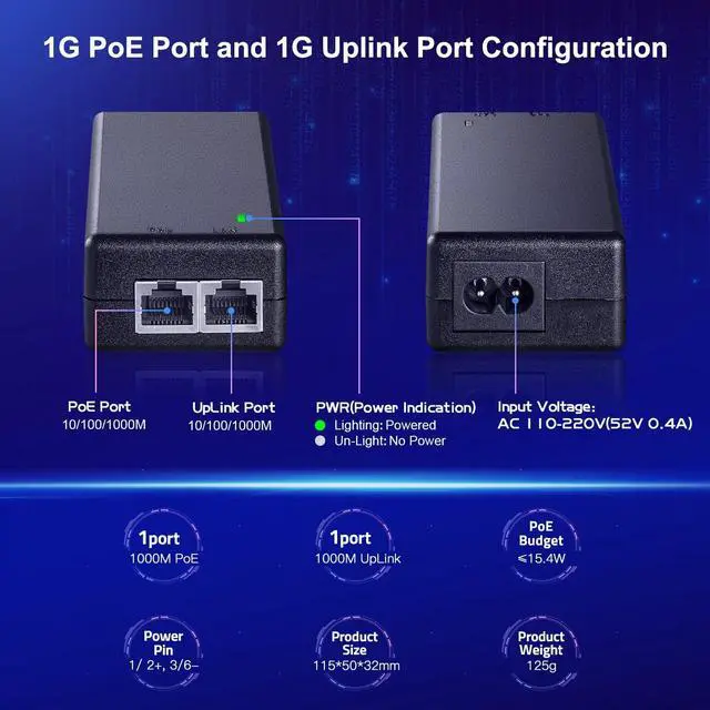 Alt view image 3 of 7 - MokerLink Gigabit PoE Injector, 802.3af 15.4W, 10/100/1000Mbps Ethernet, Plug & Play, Non-PoE to PoE Adapter, Distance Up to 100 Meters (328 ft.)