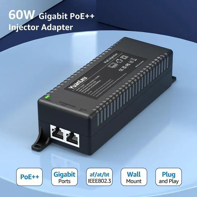 Alt view image 2 of 7 - Gigabit PoE Injector 60W, PoE++ Injector Converts Non-PoE to PoE++ Network, IEEE 802.3at/af, 10/100/1000Mbps PoE Adapter, Distances Up to 325 Feet, Plug & Play, Wall-Mounted