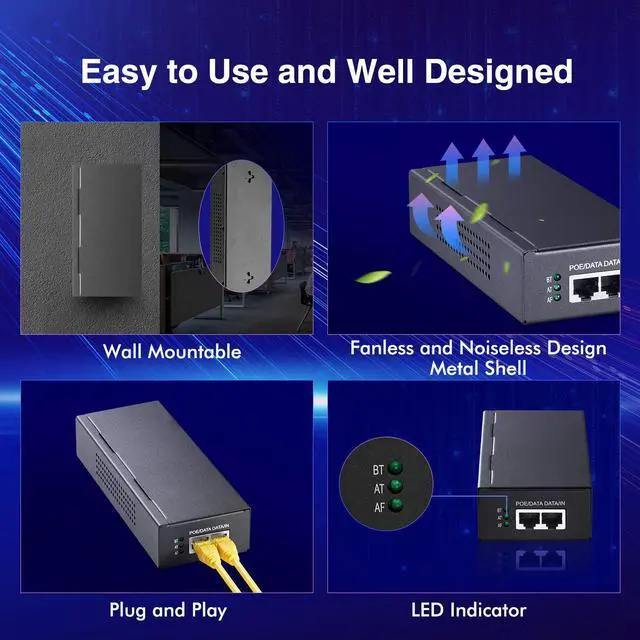 Alt view image 6 of 7 - MokerLink Gigabit PoE Injector, 802.3af/at/bt 90W, 10/100/1000Mbps Ethernet, Plug & Play, Non-PoE to PoE Adapter, Distance Up to 100 Meters (328 ft.)