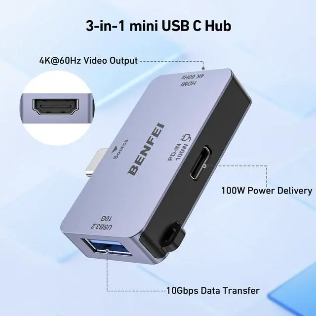 Alt view image 3 of 6 - BENFEI USB C to HDMI 4K@60Hz, 10Gbps USB-A, 100W Power Delivery Compatible with iPad Pro, MacBook Pro/Air, iMac, iPhone 16/15 Pro/Pro Max, XPS, Thinkpad and More