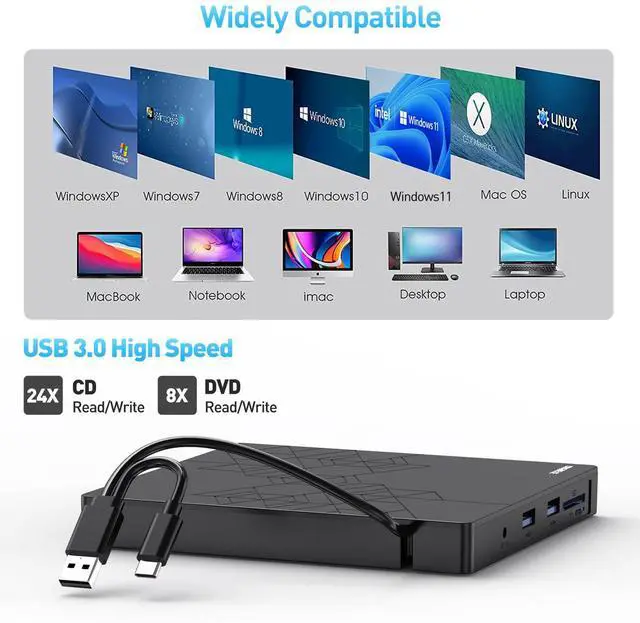 Alt view image 5 of 7 - ORIGBELIE External DVD Drive, CD Drive USB 3.0 Typle C CD/DVD ROM +/-RW Adapter with USB Port DVD Burner for Laptop PC Desktop Computer, Optical Disk Drive CD Player Compatible with Mac Windows Linux