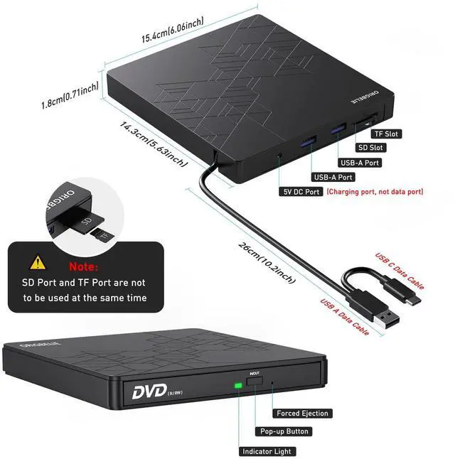 Alt view image 6 of 7 - ORIGBELIE External DVD Drive, CD Drive USB 3.0 Typle C CD/DVD ROM +/-RW Adapter with USB Port DVD Burner for Laptop PC Desktop Computer, Optical Disk Drive CD Player Compatible with Mac Windows Linux
