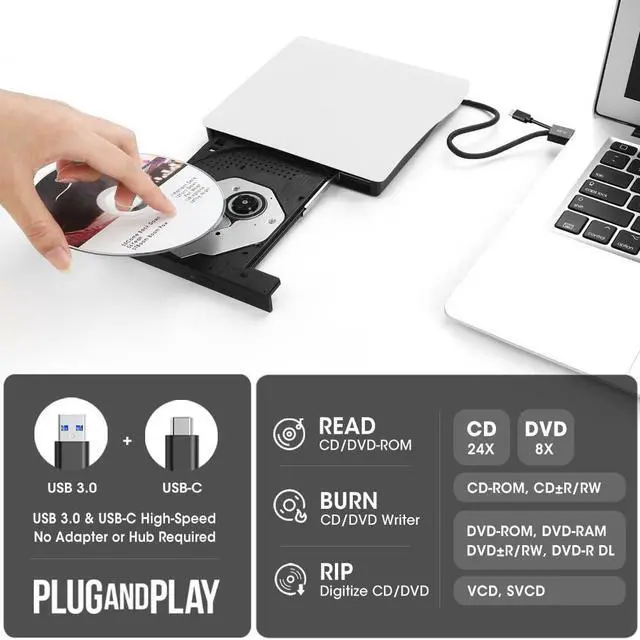 Alt view image 2 of 7 - ROOFULL External CD DVD Drive for Mac Laptop, USB 3.0 & USB-C CD DVD Reader Writer Burner Player ROM/RW Portable Optical Disc Drive for Apple MacBook Pro, iMac, Windows 11/10/8/7 Computer PC, White