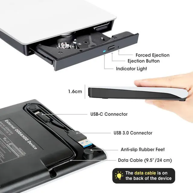 Alt view image 5 of 7 - ROOFULL External CD DVD Drive for Mac Laptop, USB 3.0 & USB-C CD DVD Reader Writer Burner Player ROM/RW Portable Optical Disc Drive for Apple MacBook Pro, iMac, Windows 11/10/8/7 Computer PC, White