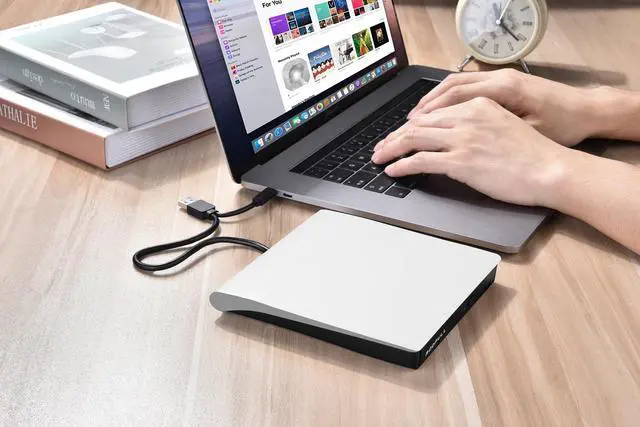 Alt view image 7 of 7 - ROOFULL External CD DVD Drive for Mac Laptop, USB 3.0 & USB-C CD DVD Reader Writer Burner Player ROM/RW Portable Optical Disc Drive for Apple MacBook Pro, iMac, Windows 11/10/8/7 Computer PC, White