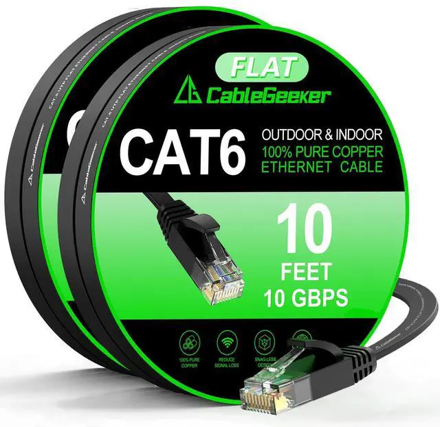 Main image of Cat 6 Ethernet Cable 10ft 2-Pack, Indoor&Outdoor, High Speed 10Gbps Internet Network, Pure Copper Flat Ethernet Patch Cable Long, Computer LAN Cable with Clips&Straps for Router,Modem,PS4/5, Black