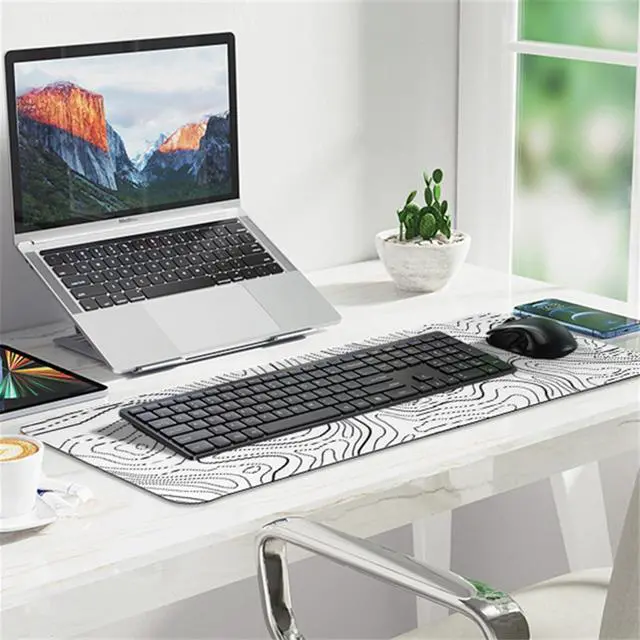 Alt view image 4 of 6 - Gaming Mouse Pad Large 31.5 x 11.8in Topographic Keyboard Pad Mouse Pad for Non-Slip Base and Stitched Edge, Extended Desk Pad XL Keyboard Desk Mat (White)