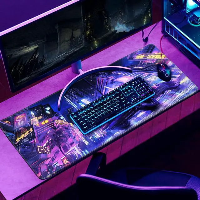 Alt view image 6 of 7 - Extended Large Mouse Pad, XL Gaming Mousepad 31.5 x 11.8 Inch,Full Desk Keyboard Mat with Stitched Edges Big Computer Keyboard Desk Pad for Gaming Office, Futuristic Neon City