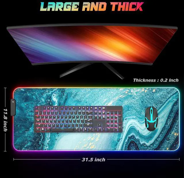 Alt view image 2 of 7 - ITNRSIIET RGB Gaming Mouse Pad, Full Desk XL Extended Large Gaming Mousepad, 12 Lighting Modes 30% Thicker Big LED Desk Mat for Gamers, 32 x 12 inches, Blue Marble Gold