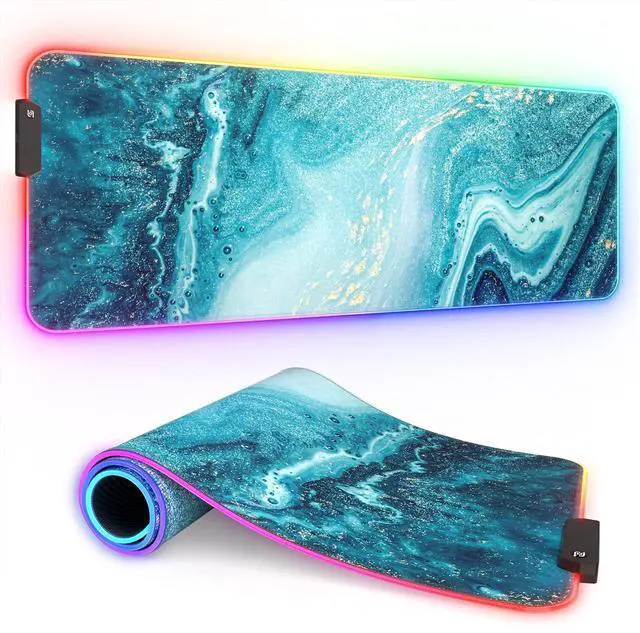 Main image of ITNRSIIET RGB Gaming Mouse Pad, Full Desk XL Extended Large Gaming Mousepad, 12 Lighting Modes 30% Thicker Big LED Desk Mat for Gamers, 32 x 12 inches, Blue Marble Gold