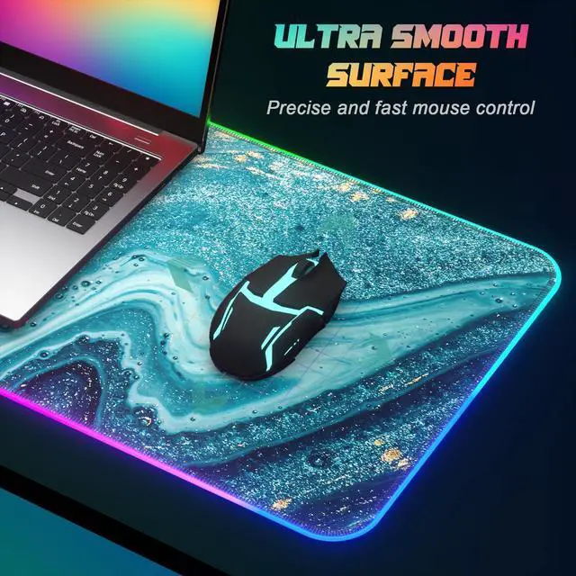 Alt view image 4 of 7 - ITNRSIIET RGB Gaming Mouse Pad, Full Desk XL Extended Large Gaming Mousepad, 12 Lighting Modes 30% Thicker Big LED Desk Mat for Gamers, 32 x 12 inches, Blue Marble Gold