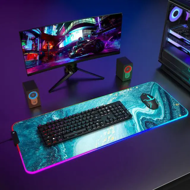 Alt view image 7 of 7 - ITNRSIIET RGB Gaming Mouse Pad, Full Desk XL Extended Large Gaming Mousepad, 12 Lighting Modes 30% Thicker Big LED Desk Mat for Gamers, 32 x 12 inches, Blue Marble Gold