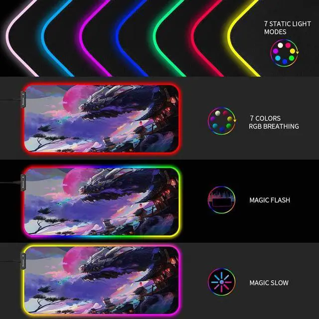 Alt view image 2 of 7 - Gaiamat XXL RGB Gaming Mouse Pad Large LED Anime Mousepad with 10 Lighting Modes Non-Slip Rubber Base Durable Stitched Edges 35.4x15.7IN for Laptop PC Desk Plug and Play