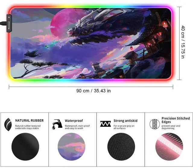 Alt view image 5 of 7 - Gaiamat XXL RGB Gaming Mouse Pad Large LED Anime Mousepad with 10 Lighting Modes Non-Slip Rubber Base Durable Stitched Edges 35.4x15.7IN for Laptop PC Desk Plug and Play
