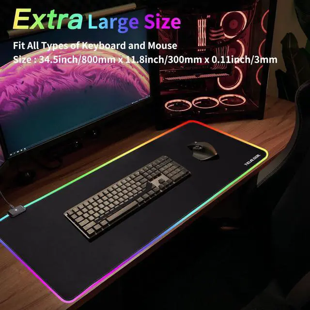 Alt view image 5 of 7 - RGB Gaming Mouse Pad, 31.5 x 11.8 Inch Oversized Mouse Mat with 12 Light Modes, Non-Slip Rubber Base, Large Keyboard Pad for PC Gaming, Office, Black