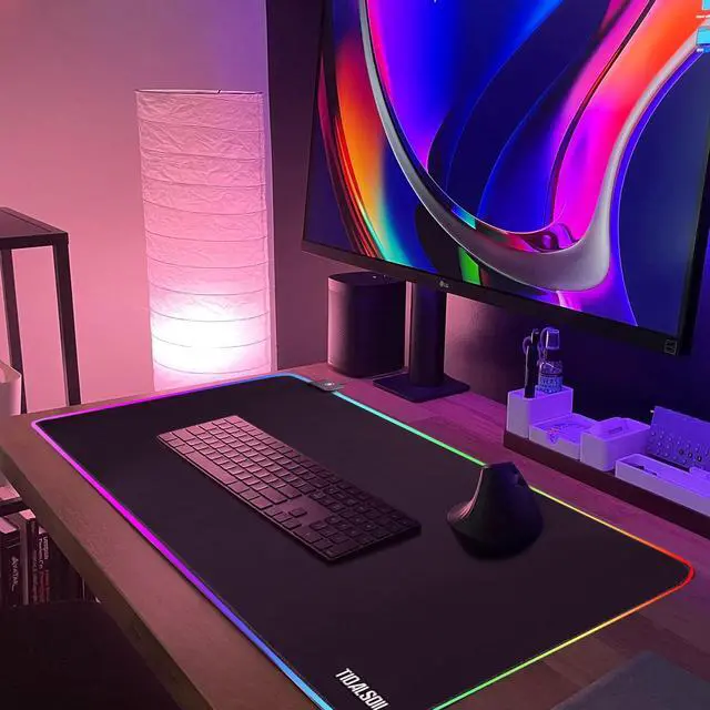 Alt view image 6 of 7 - RGB Gaming Mouse Pad, 31.5 x 11.8 Inch Oversized Mouse Mat with 12 Light Modes, Non-Slip Rubber Base, Large Keyboard Pad for PC Gaming, Office, Black