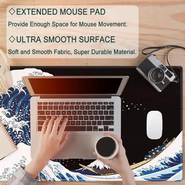 Alt view image 2 of 6 - Pemlari Large Extended Gaming Mouse Pad (35.4x15.7 inch, 3 mm Thick) with Non-Slip Rubber Base, XXL Mouse Keyboard Water-Resistant Desk Mat, for Gaming Office Home Computer Laptop, Black Wave