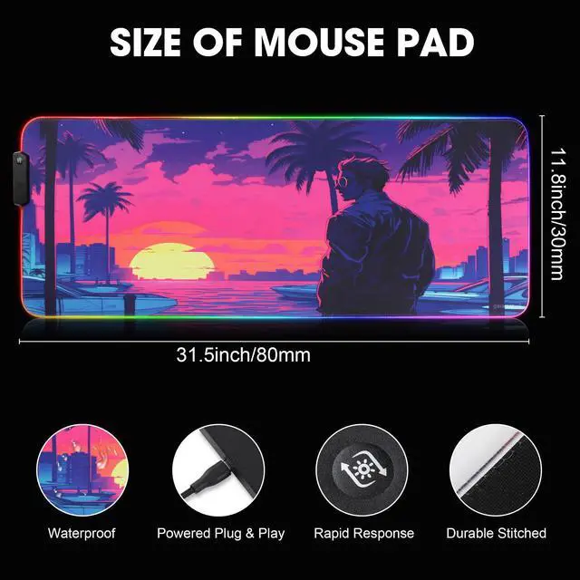 Alt view image 3 of 6 - gaiamat Anime RGB Gaming Mouse Pad,Large LED Mousepad with Durable Nylon Stitched Edges and Non-Slip Rubber Base,31.5X 11.8 Inch Glowing Game Mouse Mat for Personalized Gamer(80x30 US-FGsunman)