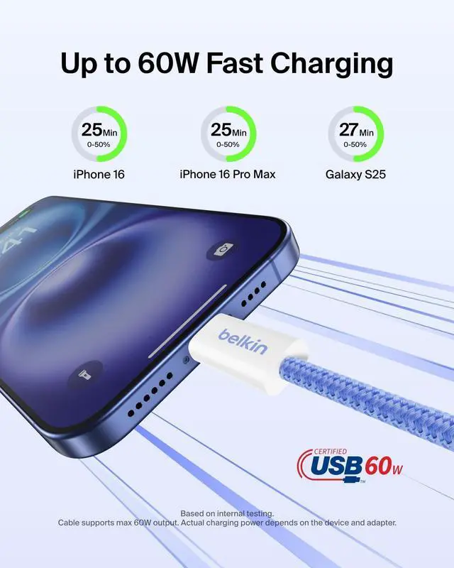 Alt view image 2 of 7 - Belkin USB C to USB C Cable, 9.9ft, 60W - Type C Charger, iPhone Charger Cord, Soft, Braided, Flexible for iPhone 17, Galaxy S25, Pixel 10, Airpods, iPad Pro, Tablet & More, Travel Essentials - Blue