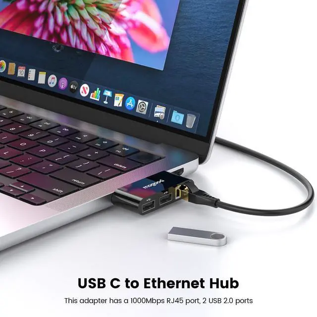 Alt view image 2 of 6 - MOGOOD USB C to Ethernet Adapter, Type-C Gigabit Ethernet Adapter, 3 in 1 USB C (Thunderbolt 4/3 Compatible) to RJ45 LAN Network Dongle for MacBook Air/Pro, XPS, iPhone 16/15, Samsung Galaxy S25/24