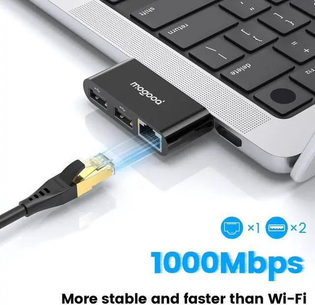 Alt view image 4 of 6 - MOGOOD USB C to Ethernet Adapter, Type-C Gigabit Ethernet Adapter, 3 in 1 USB C (Thunderbolt 4/3 Compatible) to RJ45 LAN Network Dongle for MacBook Air/Pro, XPS, iPhone 16/15, Samsung Galaxy S25/24