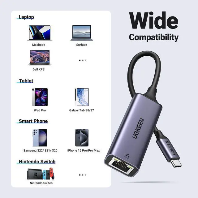 Alt view image 7 of 7 - UGREEN USB C to Ethernet Adapter, Plug and Play Ethernet Adapter, 1Gbps Gigabit RJ45 to Type-C (Thunderbolt 4/3 Compatible) Network Dongle, Compatible for MacBook Pro/Air, iPhone 16 Pro/Max, iPad, XPS
