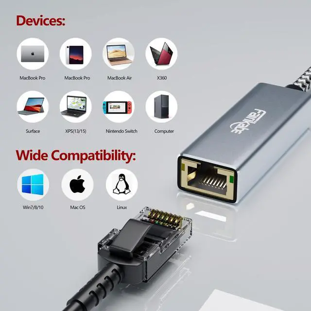 Alt view image 4 of 7 - USB C to Gigabit Ethernet Adapter, RJ45 Type C Ethernet Converter, USB-C LAN Card NIC Adapter Supports Thunderbolt 3/4 for iPhone 15, Mac, MacBook Pro/Air, Laptop