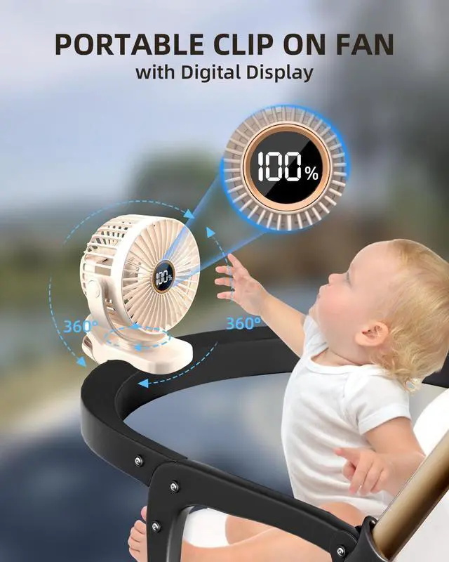 Alt view image 2 of 7 - TUNISE Mini Clip on Fan, Battery Operated Desk Fan, Digital display3 Speeds Adjustable, Bidirectional 360 ° Adjustable, Super Strong Wind, Portable Fan for Home, Office, Camping