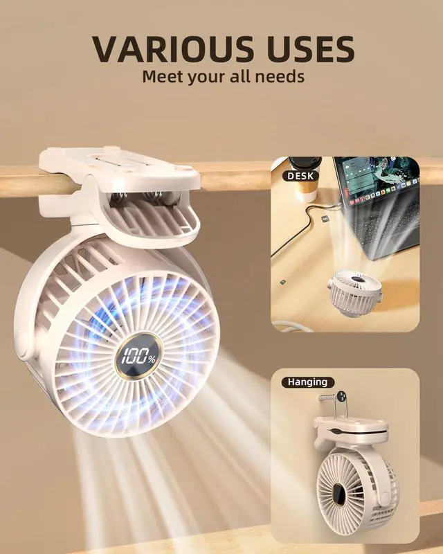 Alt view image 3 of 7 - TUNISE Mini Clip on Fan, Battery Operated Desk Fan, Digital display3 Speeds Adjustable, Bidirectional 360 ° Adjustable, Super Strong Wind, Portable Fan for Home, Office, Camping