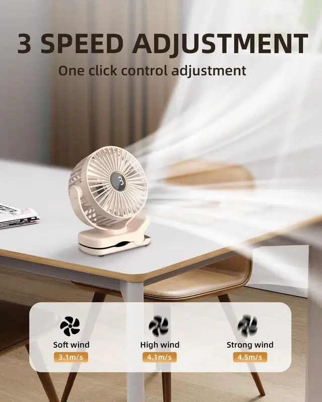 Alt view image 5 of 7 - TUNISE Mini Clip on Fan, Battery Operated Desk Fan, Digital display3 Speeds Adjustable, Bidirectional 360 ° Adjustable, Super Strong Wind, Portable Fan for Home, Office, Camping