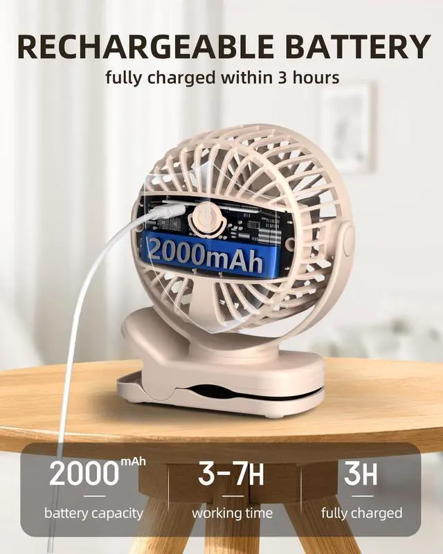 Alt view image 6 of 7 - TUNISE Mini Clip on Fan, Battery Operated Desk Fan, Digital display3 Speeds Adjustable, Bidirectional 360 ° Adjustable, Super Strong Wind, Portable Fan for Home, Office, Camping
