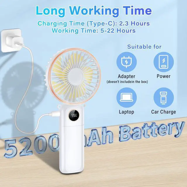 Alt view image 3 of 6 - Portable Handheld Fan 5200mAh USB Rechargeable, 180° Foldable Electric Personal Small Mini Hand Held Fan, Max 22 HRS Working, 6 Speeds Level, LED Display, Battery Powered for Travel, Outdoor, Makeup
