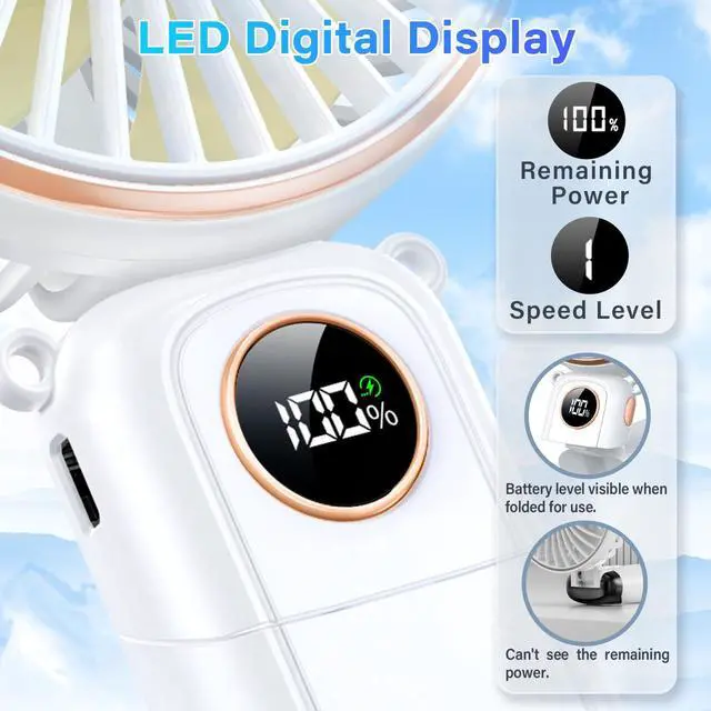 Alt view image 4 of 6 - Portable Handheld Fan 5200mAh USB Rechargeable, 180° Foldable Electric Personal Small Mini Hand Held Fan, Max 22 HRS Working, 6 Speeds Level, LED Display, Battery Powered for Travel, Outdoor, Makeup