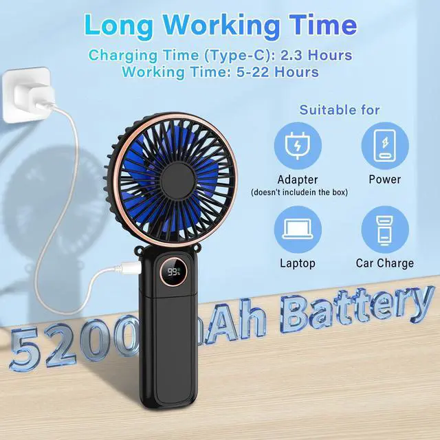 Alt view image 3 of 6 - Portable Handheld Fan 5200mAh USB Rechargeable, 180° Foldable Electric Personal Small Mini Hand Held Fan, Max 22 HRS Working, 6 Speeds Level, LED Display, Battery Powered for Travel, Outdoor, Makeup