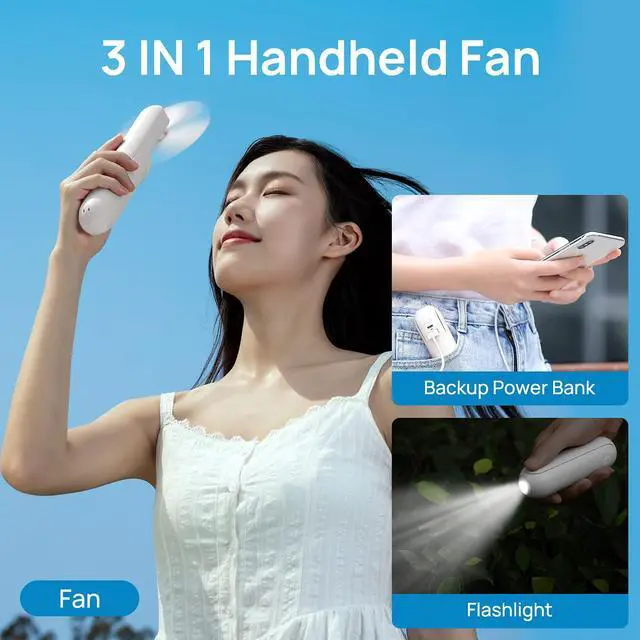 Alt view image 7 of 7 - JISULIFE Portable Handheld Fan, Mini 3 In 1 with Rechargeable Battery, Personal Pocket Fan for Travel, Outdoor, USB Power Bank, Flashlight, Essential Ideal Gifts for Men/Women/Family/Friends - White