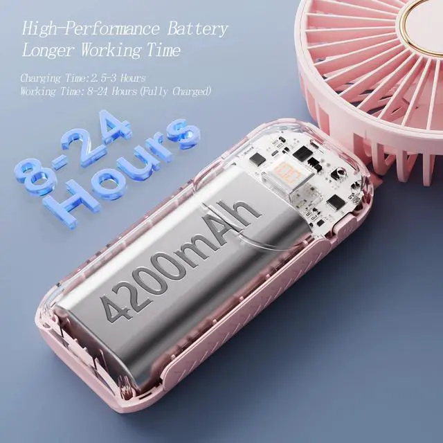 Alt view image 3 of 6 - GOCKERA Portable Fan, 4200mAh Battery Operated Fan, 5 Speeds&Digital Display, Makeup Fans for Women with Base, 180°Foldable 3in1 Handheld/Neck/Desk Fan for Outdoor Indoor,Ultra Quiet (Pink)