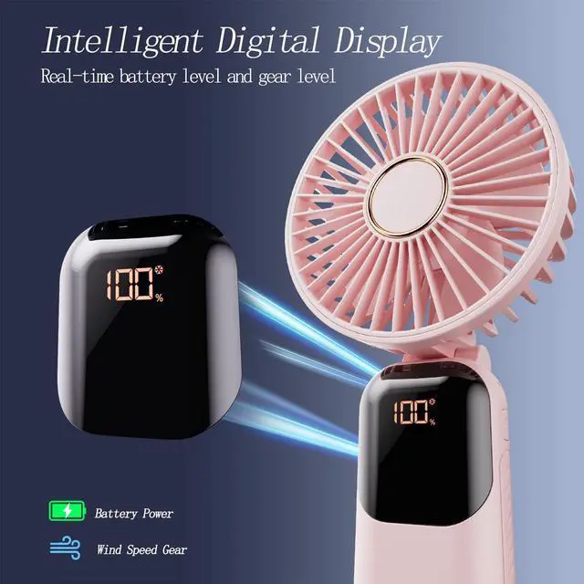 Alt view image 4 of 6 - GOCKERA Portable Fan, 4200mAh Battery Operated Fan, 5 Speeds&Digital Display, Makeup Fans for Women with Base, 180°Foldable 3in1 Handheld/Neck/Desk Fan for Outdoor Indoor,Ultra Quiet (Pink)