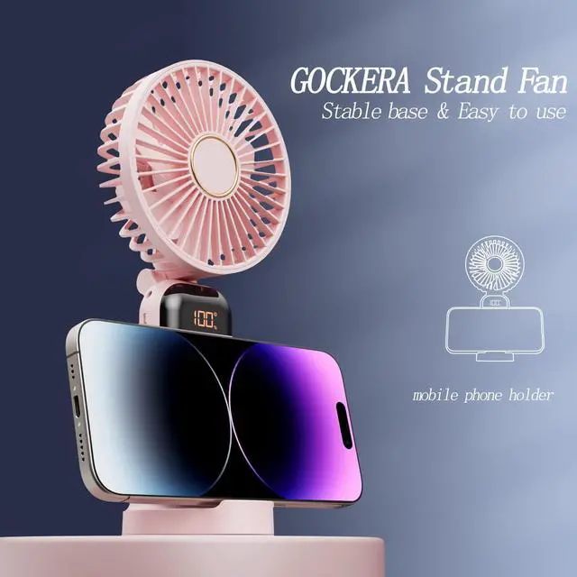 Alt view image 5 of 6 - GOCKERA Portable Fan, 4200mAh Battery Operated Fan, 5 Speeds&Digital Display, Makeup Fans for Women with Base, 180°Foldable 3in1 Handheld/Neck/Desk Fan for Outdoor Indoor,Ultra Quiet (Pink)