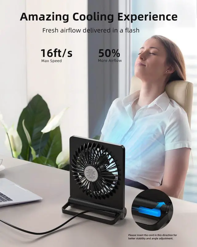 Alt view image 2 of 6 - Koonie USB Fan, Strong Wind Ultra Quiet Small Desk Fan 220° Tilt Folding 3 Speeds Adjustable USB-C Corded Powered Personal Fan for Home Office Desktop Black