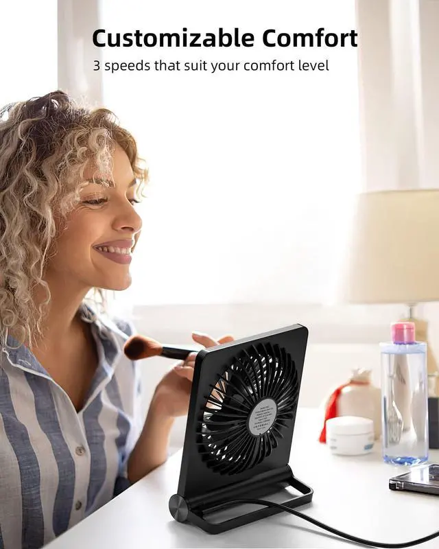 Alt view image 6 of 6 - Koonie USB Fan, Strong Wind Ultra Quiet Small Desk Fan 220° Tilt Folding 3 Speeds Adjustable USB-C Corded Powered Personal Fan for Home Office Desktop Black