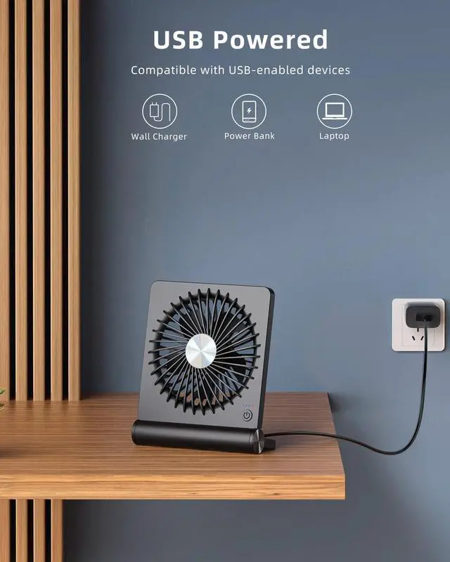 Alt view image 4 of 6 - Koonie USB Fan, Strong Wind Ultra Quiet Small Desk Fan 220° Tilt Folding 3 Speeds Adjustable USB-C Corded Powered Personal Fan for Home Office Desktop Black