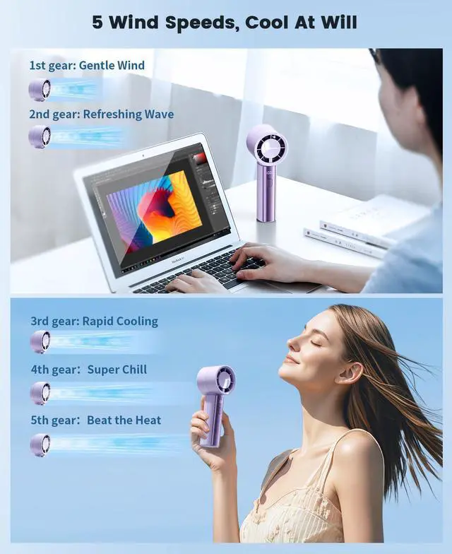 Alt view image 3 of 7 - coldSky Portable Handheld Turbo Fan, 4000mAh Rechargeable High Speed Personal Fan With 5 Speeds, Small Cooling Fans With Digital Display For Women Outdoor, Travel, Vacation